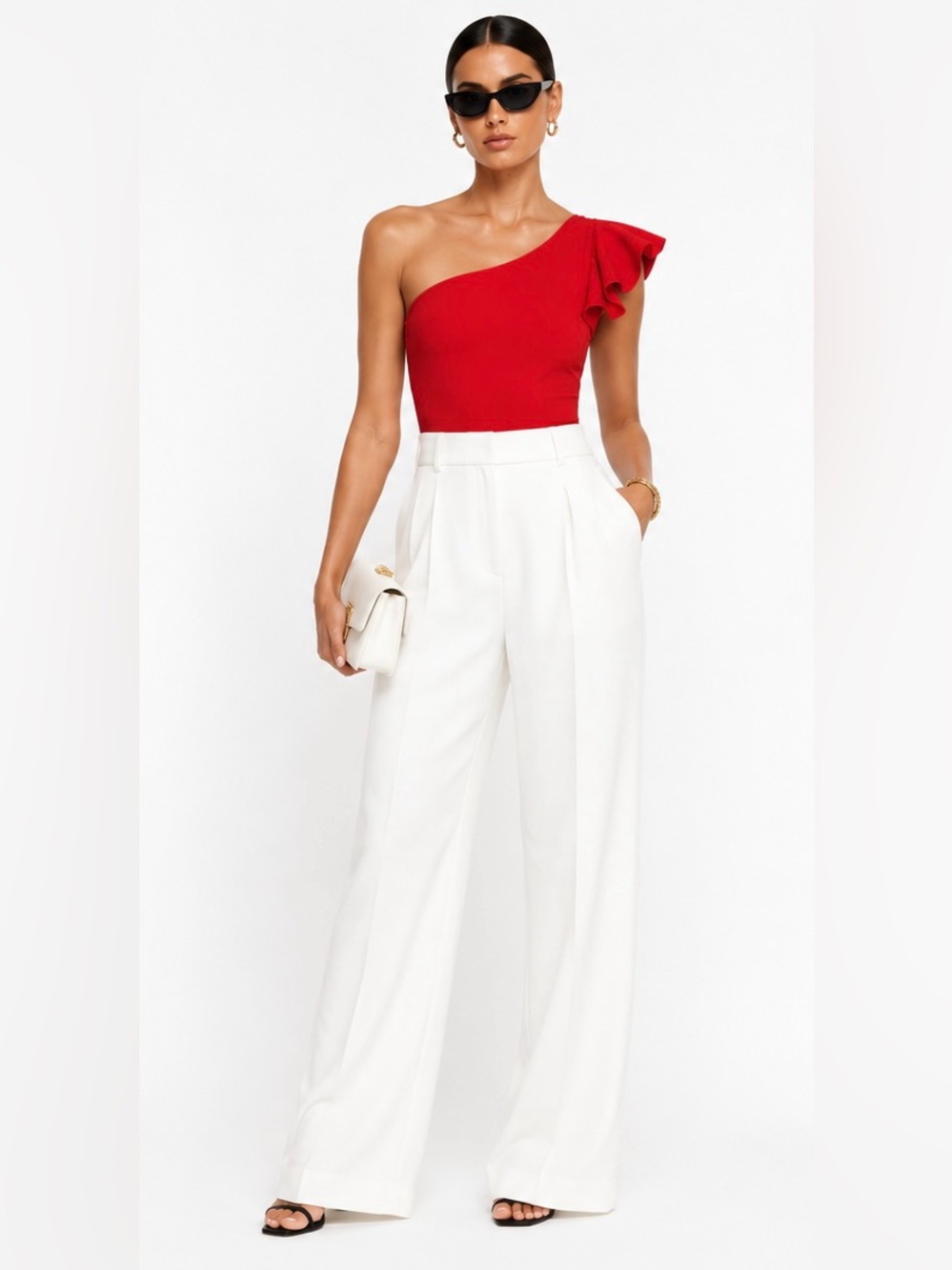 Carbon38 Asymmetrical shoulder Ruffle bodysuit in red